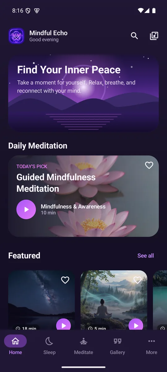 Mindful Echo home screen with the daily meditation
